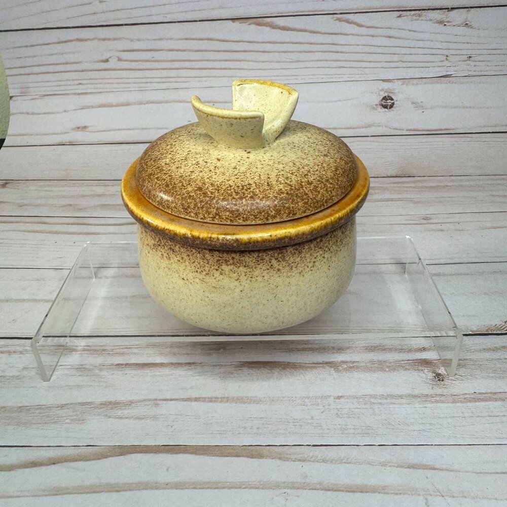 Vtg Mikasa Stylekraft C0900 Brown Cream Speckled Sugar Bowl w/ Lid MCM Stoneware